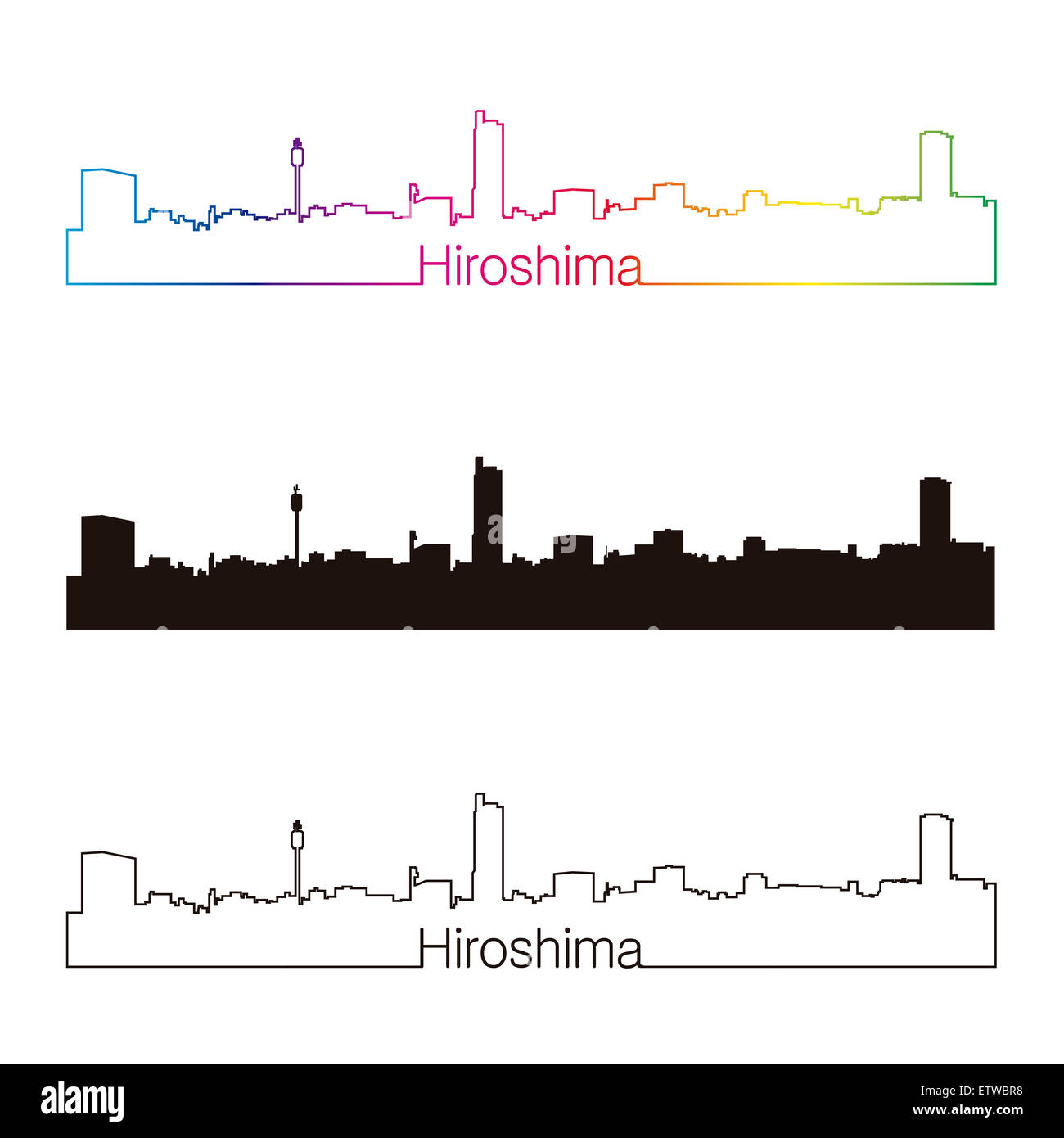 Hiroshima Skyline linearen Stil mit Regenbogen in bearbeitbare Vektordatei Stockfoto