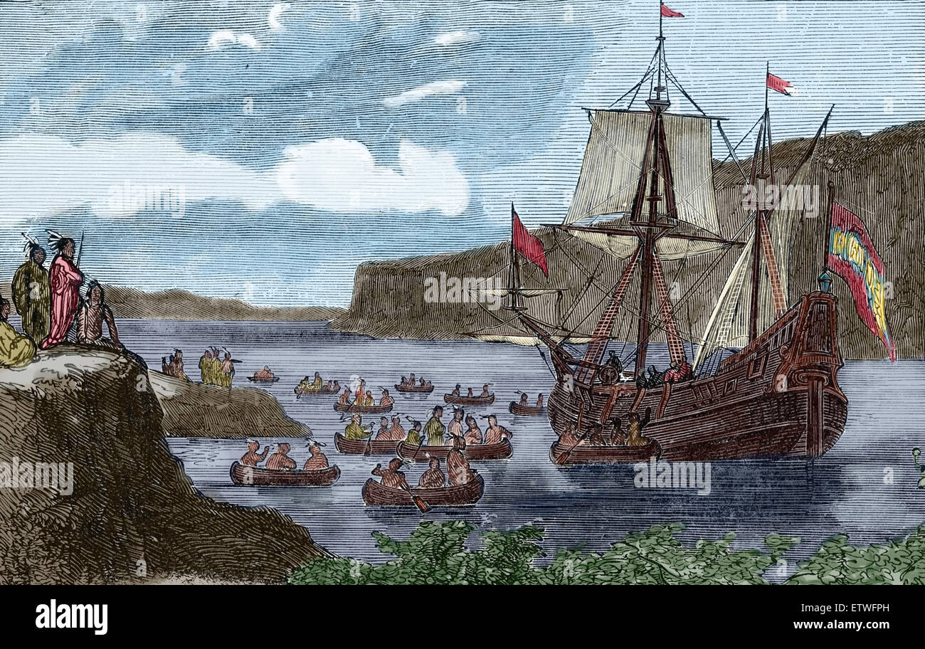 Explorer Henry Hudson (1565-1611) Hudsons Schiff halbieren Maen oder Halbmond in den Hudson River, als es zuerst entdeckt wurde. Stockfoto