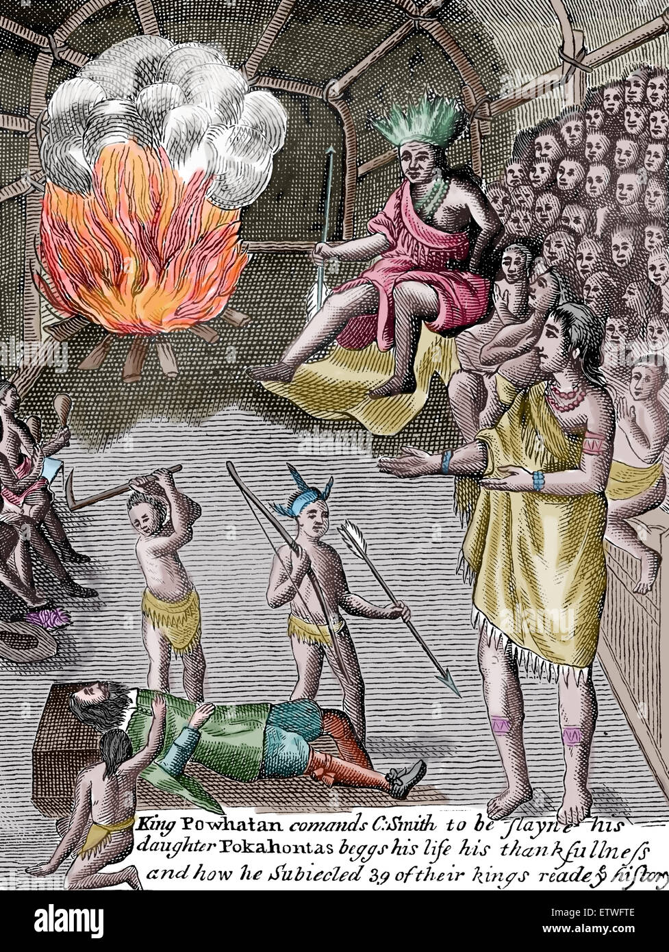 Pocahontas (1595-1617) Speichern von Kapitän John Smith Leben. Gravur. Farbe. Stockfoto