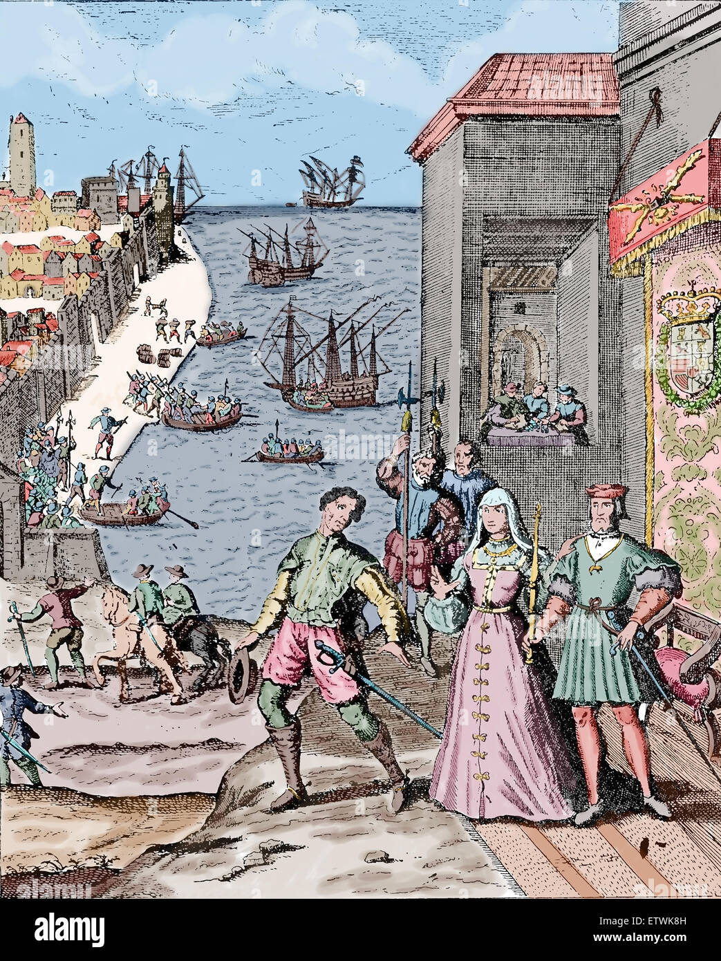 Abschied von Columbus mit Ferdinand und Isabella, 3. august 1492 von Palos De La Frontera. Spanien. Kupferstich von Theodore de Bry. Stockfoto