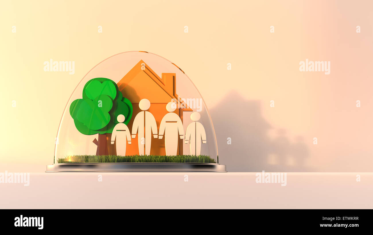 Haus und Familie unter Glaskuppel, 3D-Rendering Stockfoto