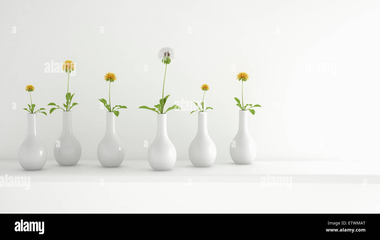 Reihe von weißen Blumenvasen mit einem Pusteblumen und Löwenzahn, 3D Rendering Stockfoto