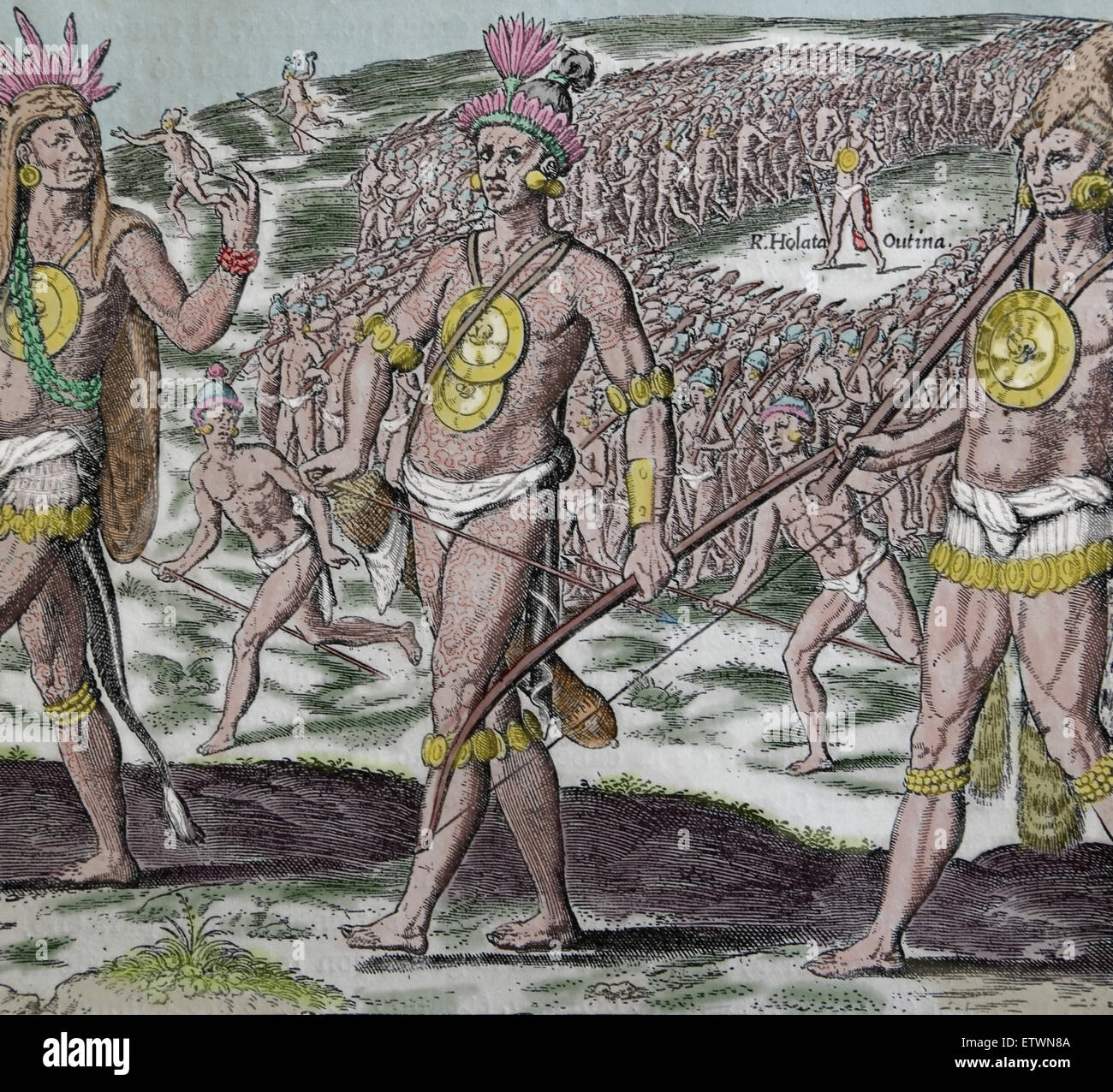 Krieger. Native American. Zeichnung vom französischen Künstler Jacques le Moyne. Mitglied der Jean Ribault Expedition in die neue Welt Stockfoto