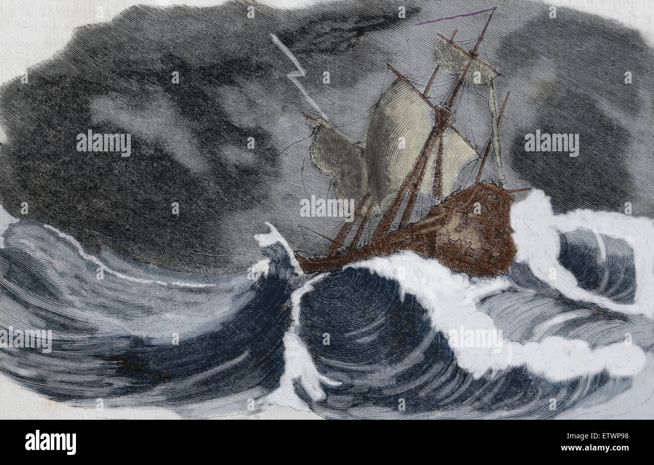 Christopher Columbus (1450-1506). Explorer, Navigation. Entdecker der neuen Welt. Sturm, Küste von Honduras. Gravur. 19. Jh. Stockfoto