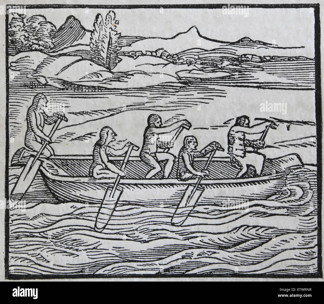 Amerika. Indische Kanu Paria Landes. Holzstich. 16. Jahrhundert. Stockfoto