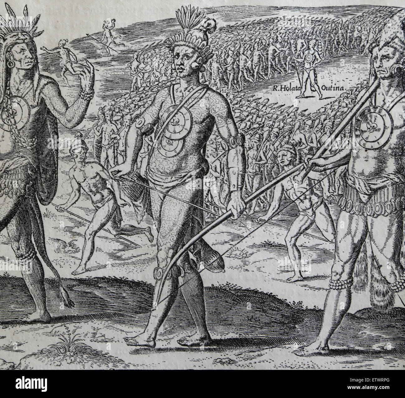 Krieger. Native American. Zeichnung vom französischen Künstler Jacques le Moyne. Mitglied des Jean Ribaults Expedition in die neue Welt. Stockfoto