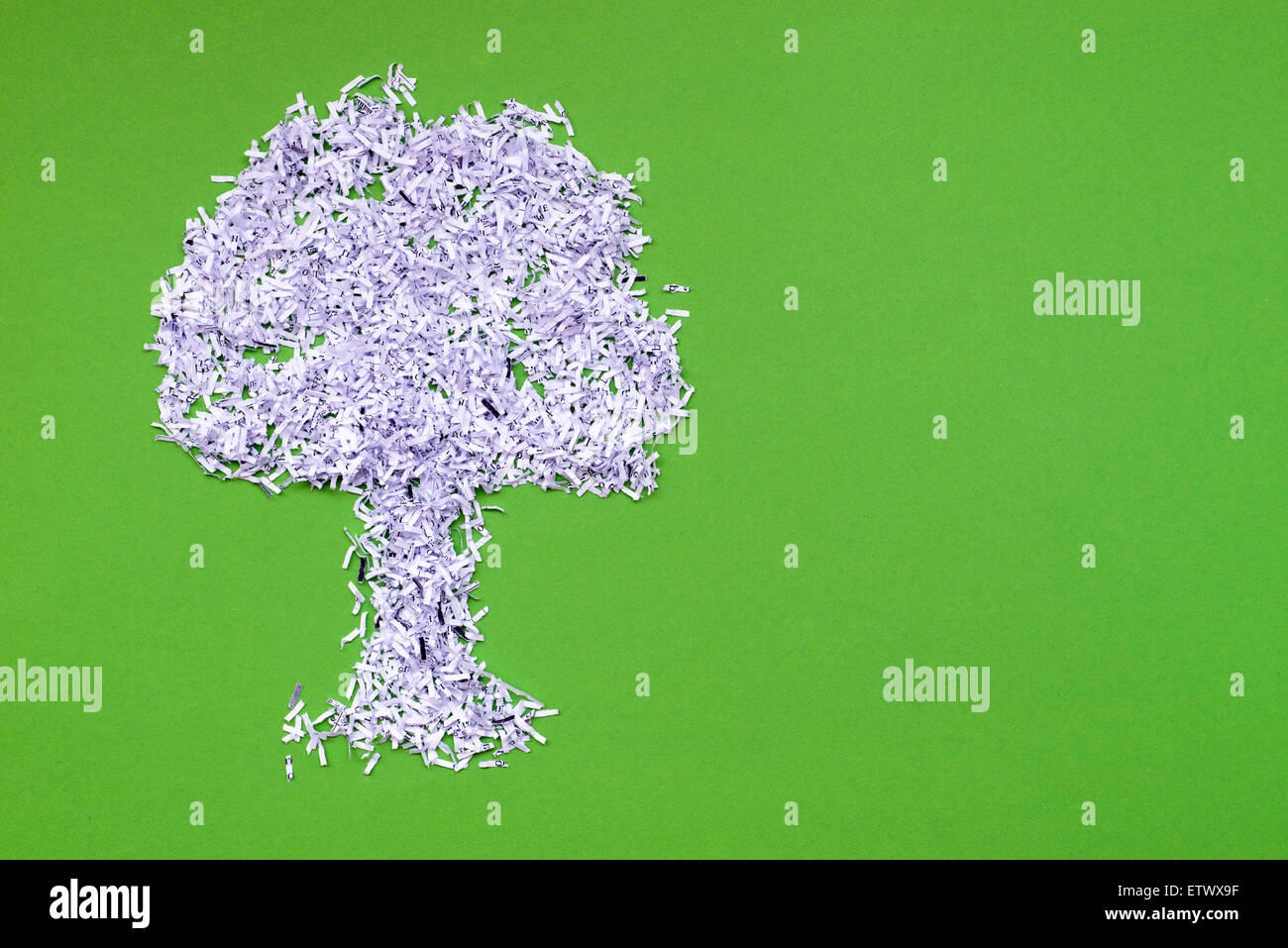 Ökologie-Recycling-Konzept mit großer Baum hergestellt aus geriebenen Weißbuch über grün Stockfoto