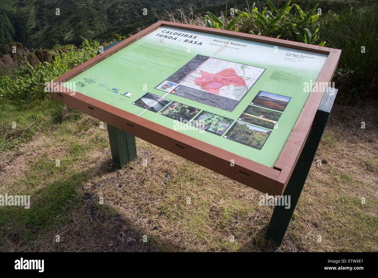 Informative und interpretative Platine für Touristen am Vulkan Caldera am Naturpark in Flores Island, Azoren Archipel, in Portugal Stockfoto