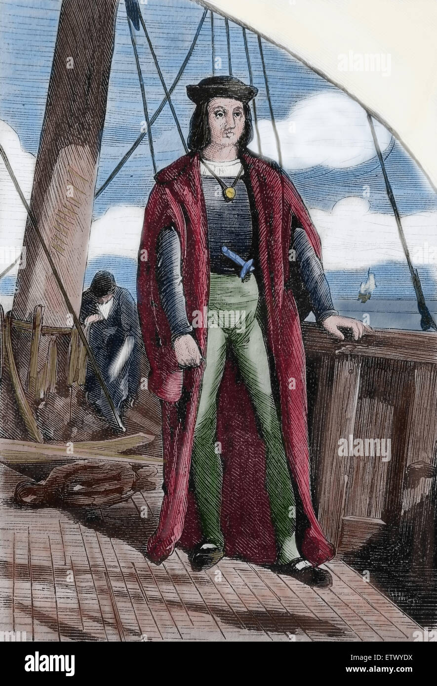 Christopher Columbus (1450-1506). Explorer, Navigation. Entdecker der neuen Welt. Gravur. des 19. Jahrhunderts. Farbe. Stockfoto