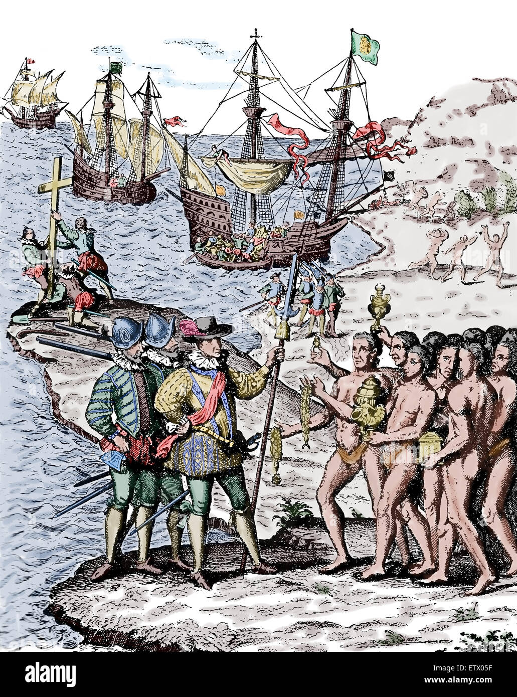 Kupferstich von Theodore de Bry, 1592. Teil seiner "Amerika Series", zeigt Christopher Columbus auf der Hispaniola landen. Stockfoto