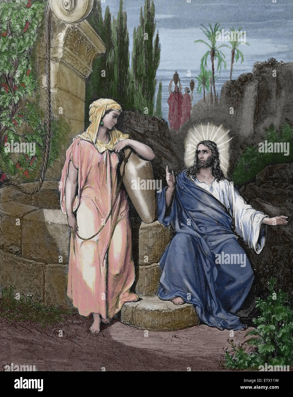 Neuen Testaments. Jesus und die Frau aus Samaria. Johannes 4:9. Stich von Gustave Dore, 19. Jahrhundert. Spätere Färbung. Stockfoto