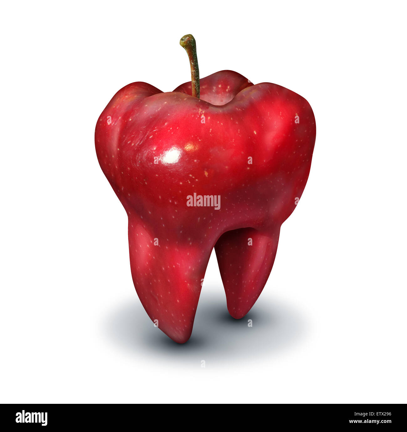 Apple-Zahn-Health-Konzept als eine rote Frucht geprägt als Molar und Symbol der menschlichen Zähnen Gesundheit und Mundhygiene oder Zahnmedizin-Symbol Stockfoto