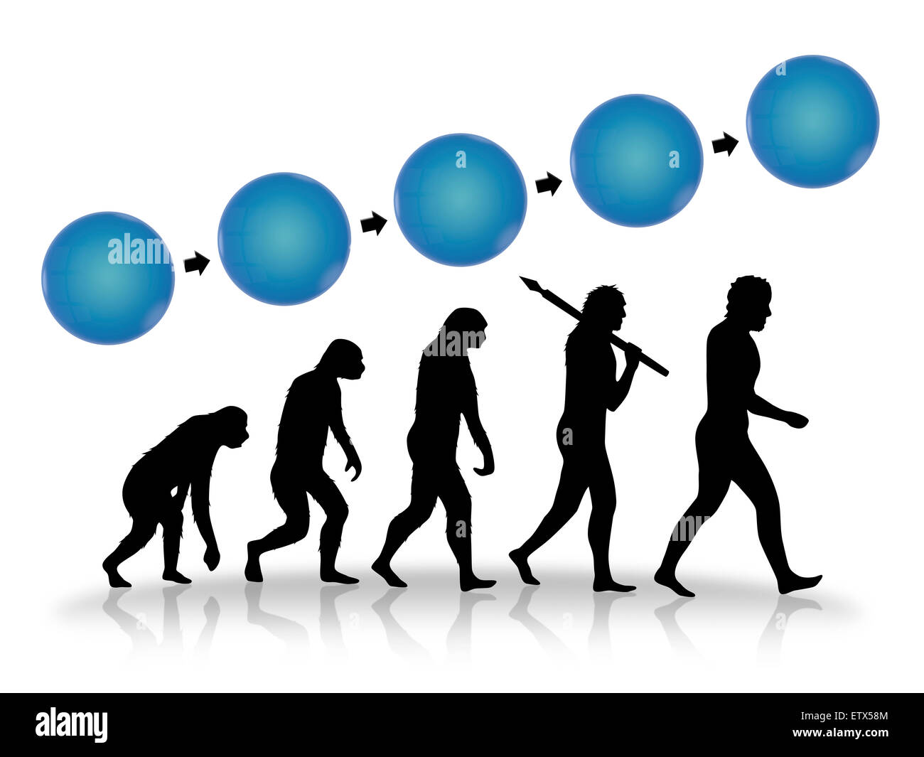 Wachstum und Fortschritt als Bild der Evolution. Entwicklung vom Affen zum modernen Menschen. Stockfoto