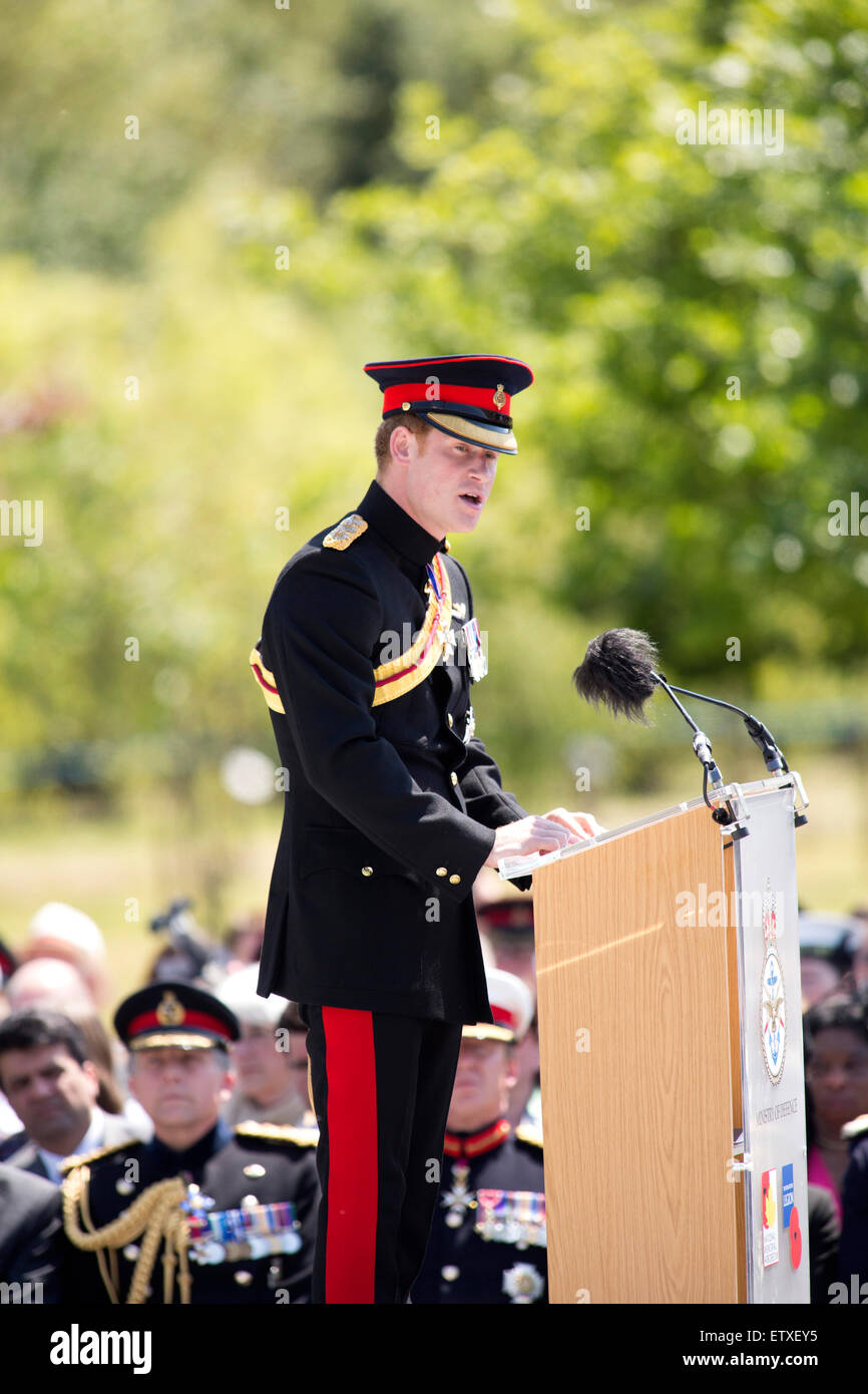 Seine königliche Hoheit Prinz Harry sprechen während des Gottesdienstes der Umwidmung der Bastion Wand an das National Memorial Arboretum Stockfoto