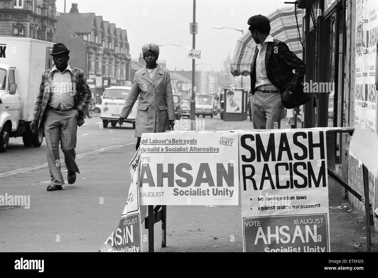 Ladywood, Birmingham, 15. August 1977. SED, Raghib Ahsan, Wahlplakat vor Ladywood Nachwahl am 18. August 1977 statt. Stockfoto
