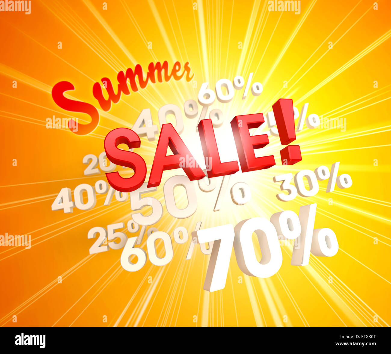 Rote Sommer Verkauf Buchstaben auf weißem Prozent zahlen und Sonnenlicht Stockfoto