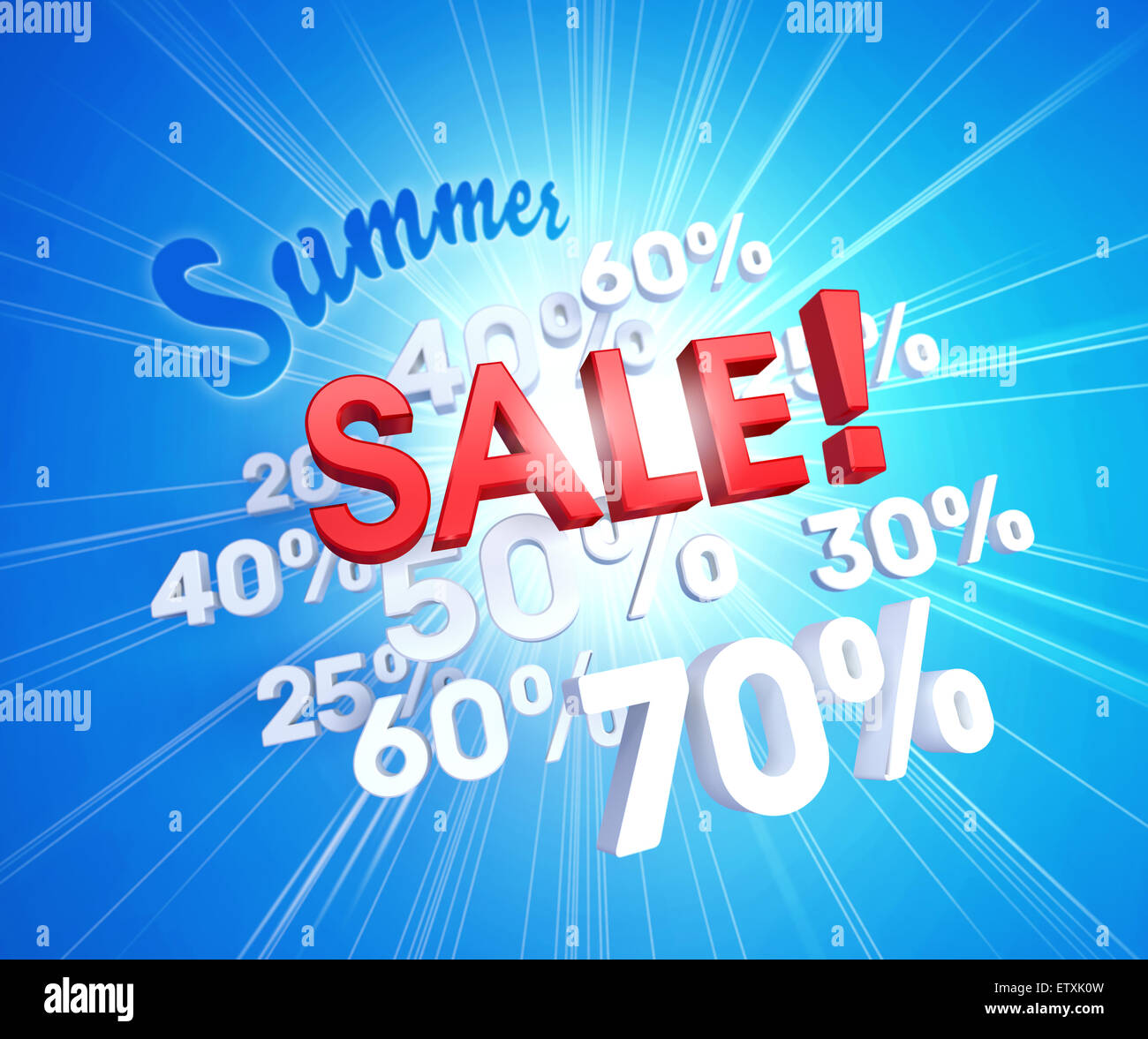 Rote Sommer Verkauf Buchstaben auf weißem Prozent zahlen und Sonnenlicht Stockfoto