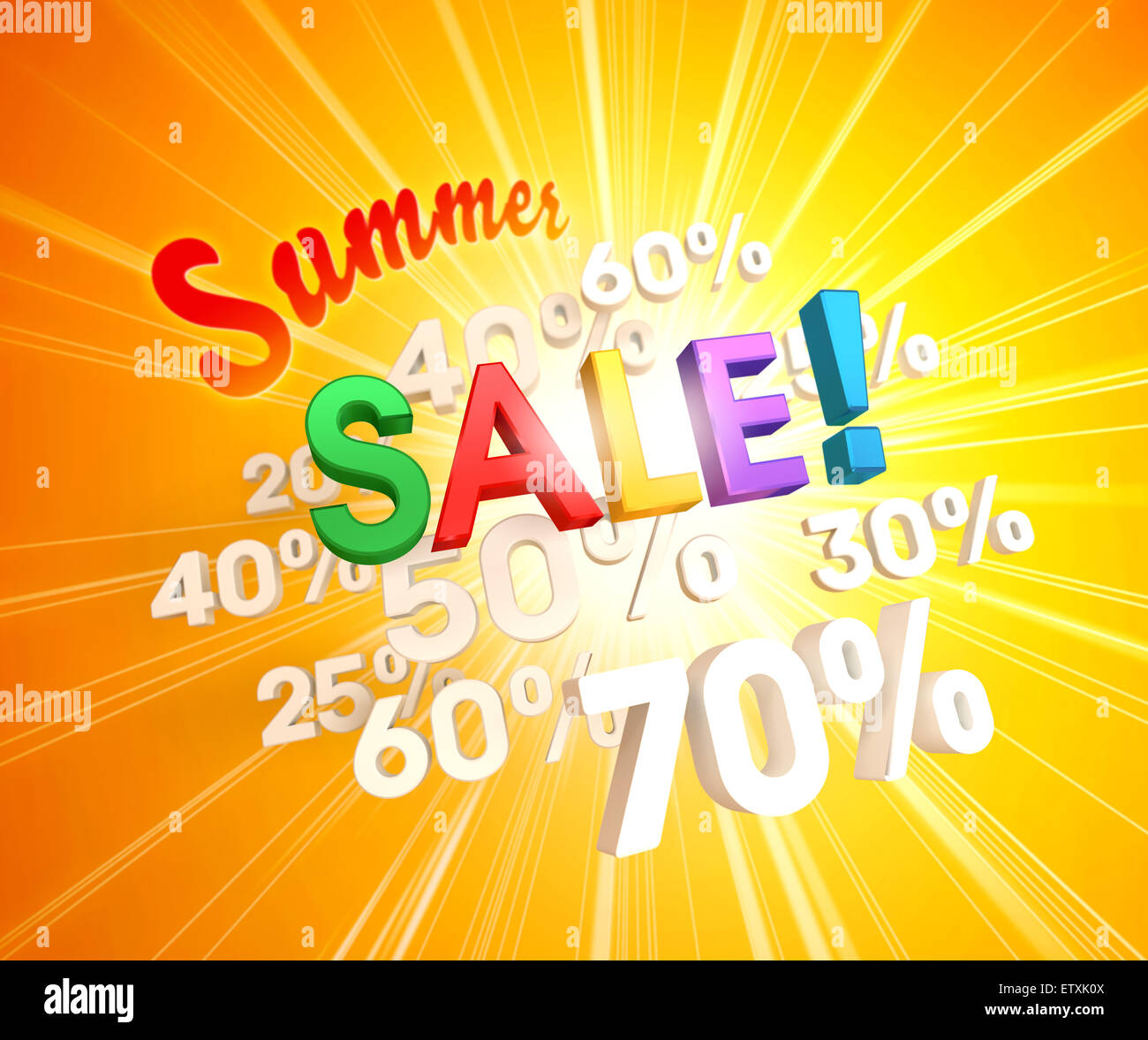 Bunte Sommer Verkauf Buchstaben auf weißem Prozent zahlen und Sonnenlicht Stockfoto
