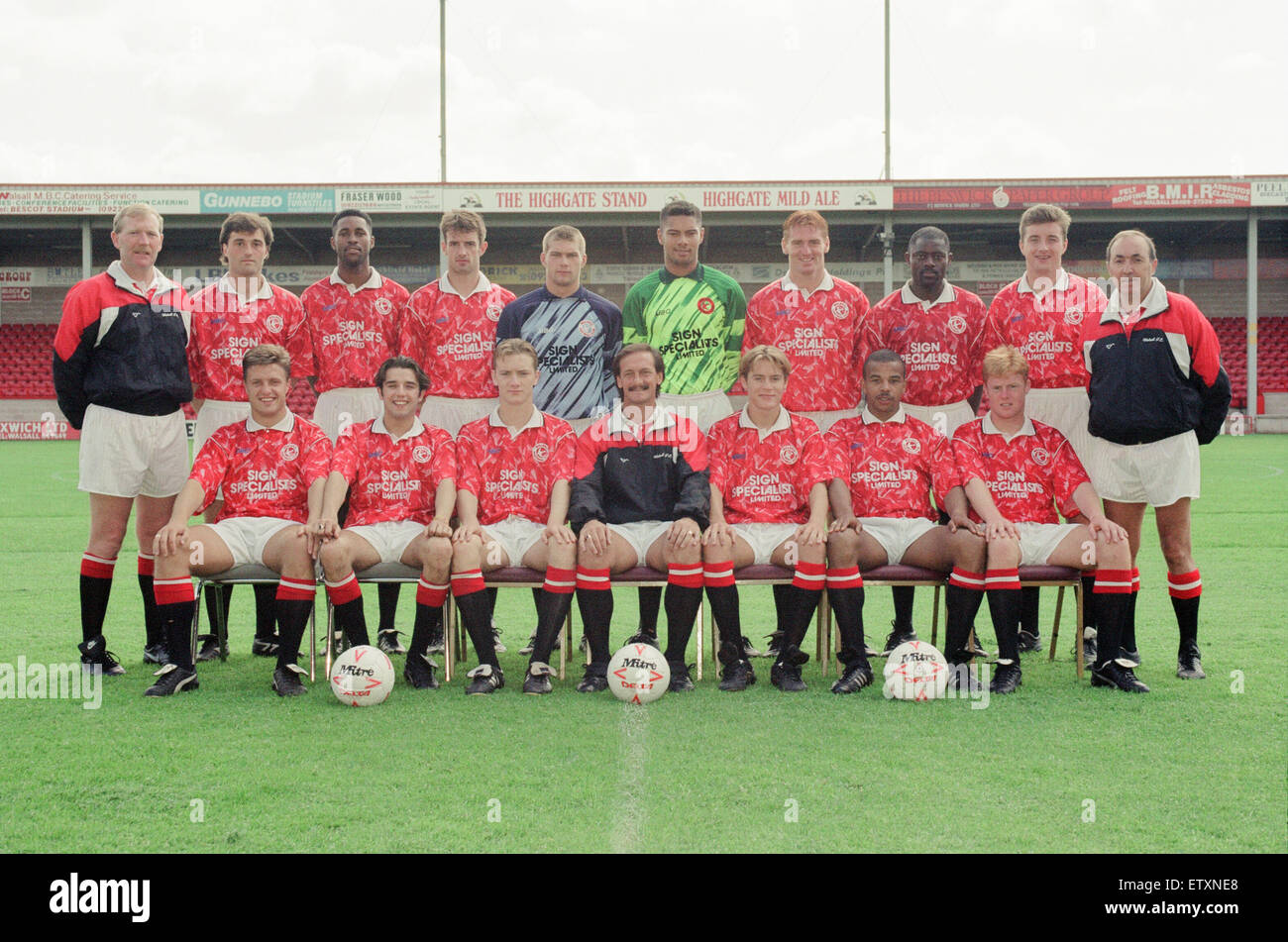 Walsall FC, Vorsaison Fototermin, 30. Juli 1993. Fußball-Nationalmannschaft, Kader. Walsall FC zurück l-R Eric McManus, Mike Cecere, Karl Lightbourne, Stuart Ryder, James Walker, Mark Gayle, Dean Smith, Charlie Ntamark, Stephen O'Hara, Tom Bradley. Front-l-R Chris M Stockfoto