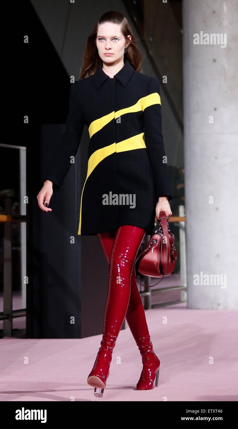 Tokyo. 16. Juni 2015. Ein Modell zeigt eine Kreation von Christian Dior während seiner 2015 / 16 Herbst/Winter Fashion show in Tokio, am 16. Juni 2015. Bildnachweis: Xinhua/Alamy Live-Nachrichten Stockfoto