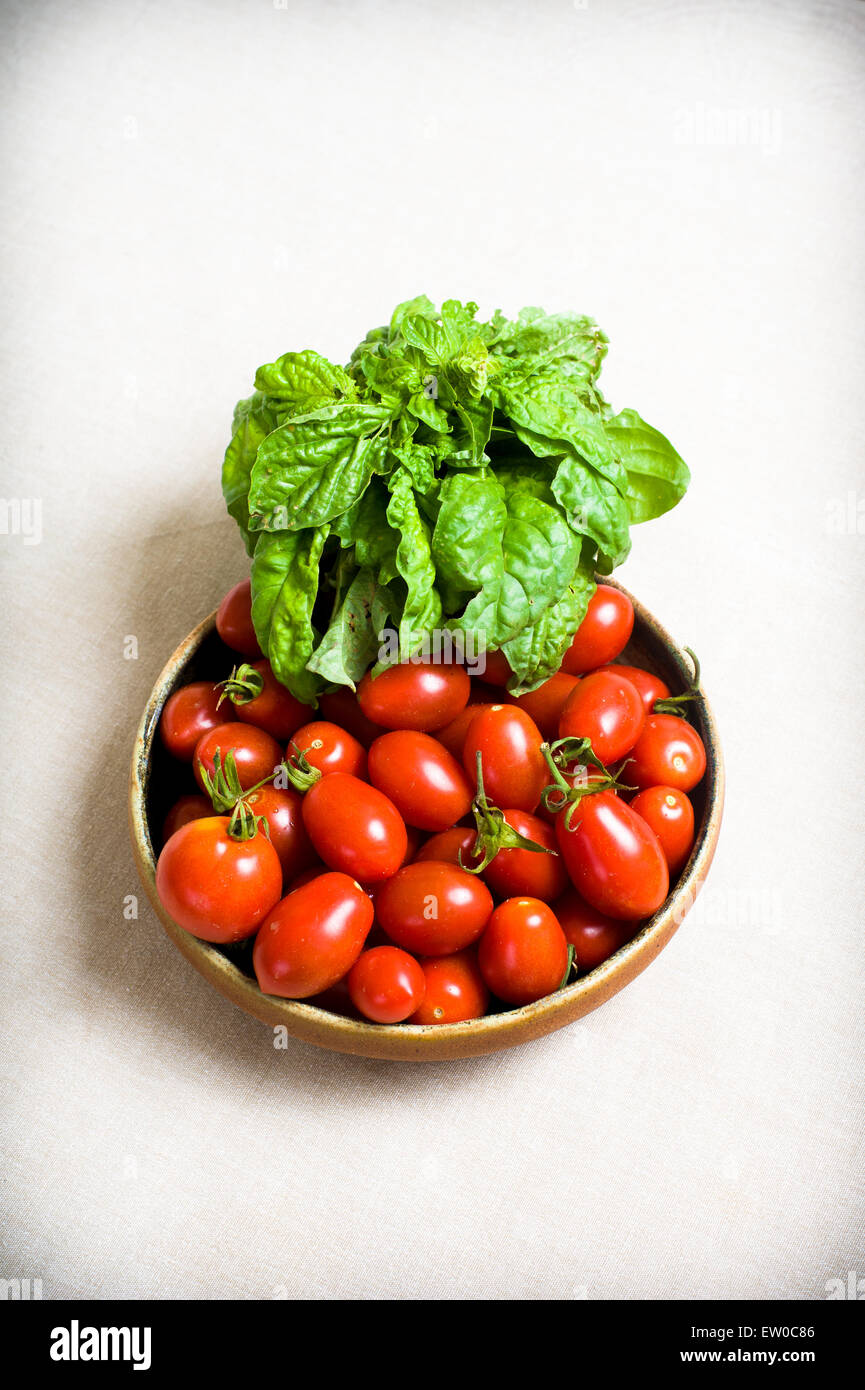 Teller mit rohen roten Tomaten und Basilikum frisch auf neutralem Hintergrund vertikale Tischgestell Stockfoto