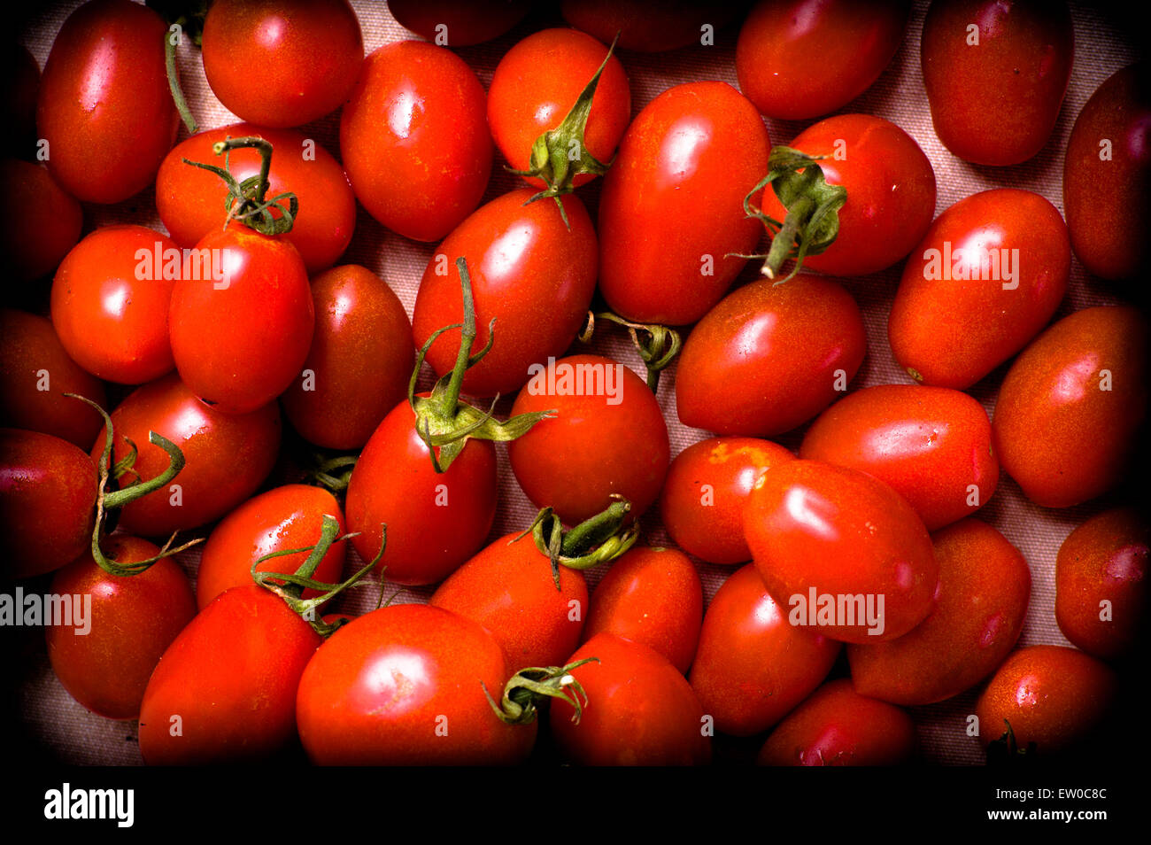 Teppich aus rohen roten Tomaten Blick aus den oberen Farbeffekt Stockfoto