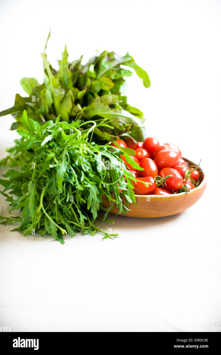 Grüner Salat und rote Tomaten roh auf Platte auf neutralem Hintergrund vertikale Rahmen Stockfoto