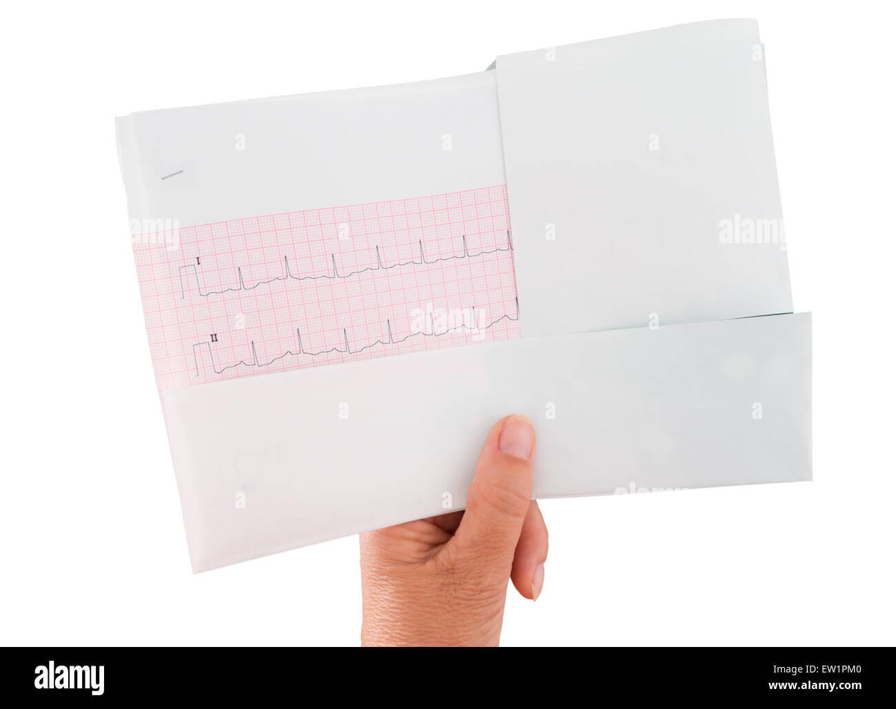 EKG, ekg, Elektrokardiogramm in der Hand, isoliert auf weiss. Applying weiblichen Hand. Stockfoto