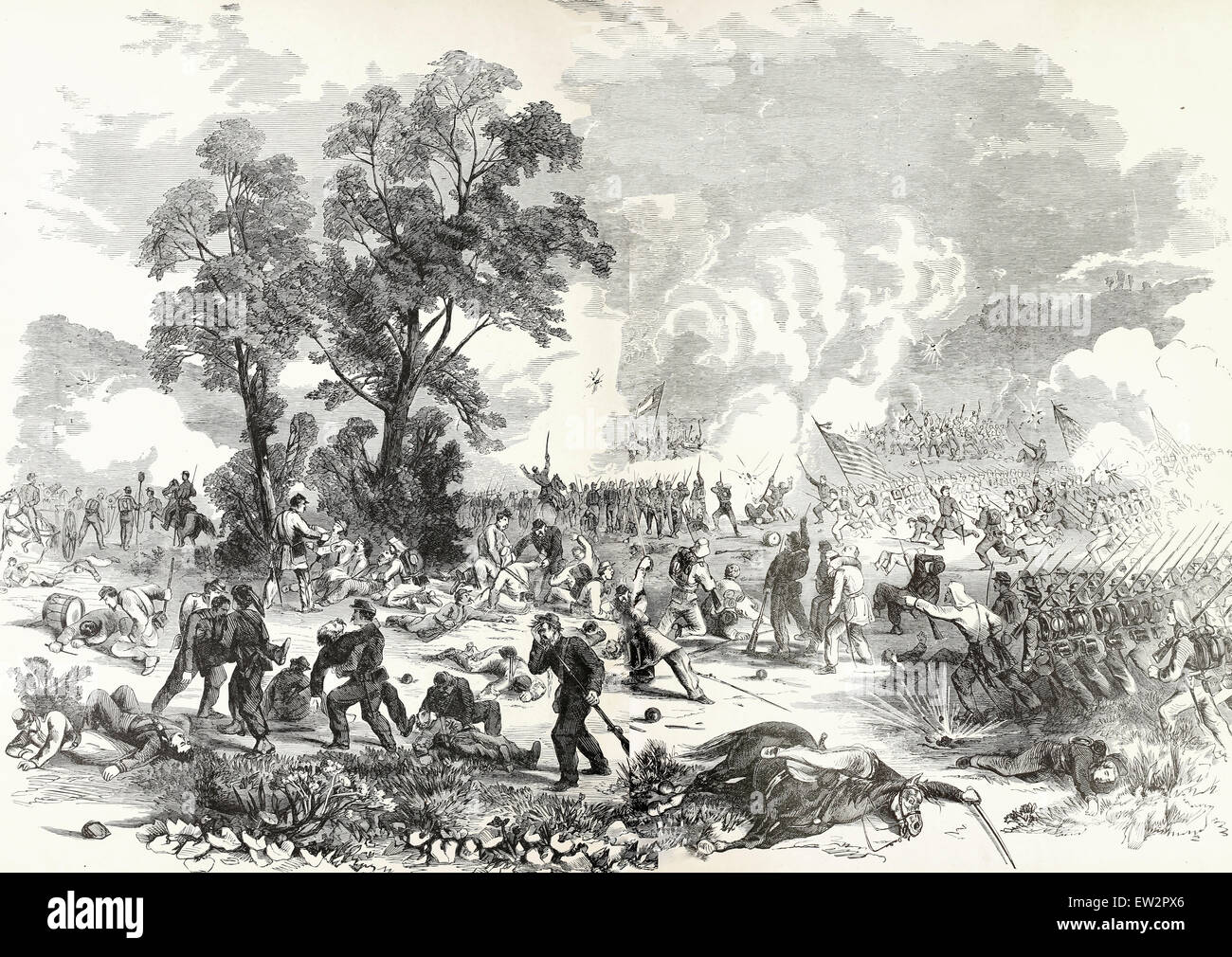 Schlacht des ersten am Bull Run, Virginia. 21. Juli 1861 zwischen der Eidgenössischen Armee unter dem Kommando von General McDowell und der Armee der Konföderierten unter dem Kommando von Generälen Beauregard und Johnston - USA Bürgerkrieg Stockfoto