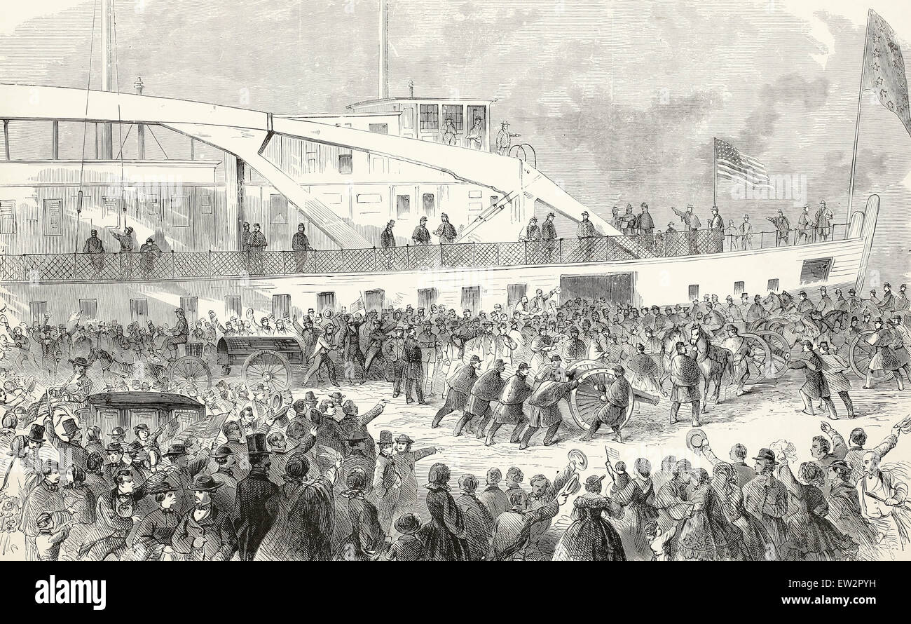 Rhode Island Regimenter Einschiffung in Providence für New York und Washington, USA Bürgerkrieg 1861 Stockfoto