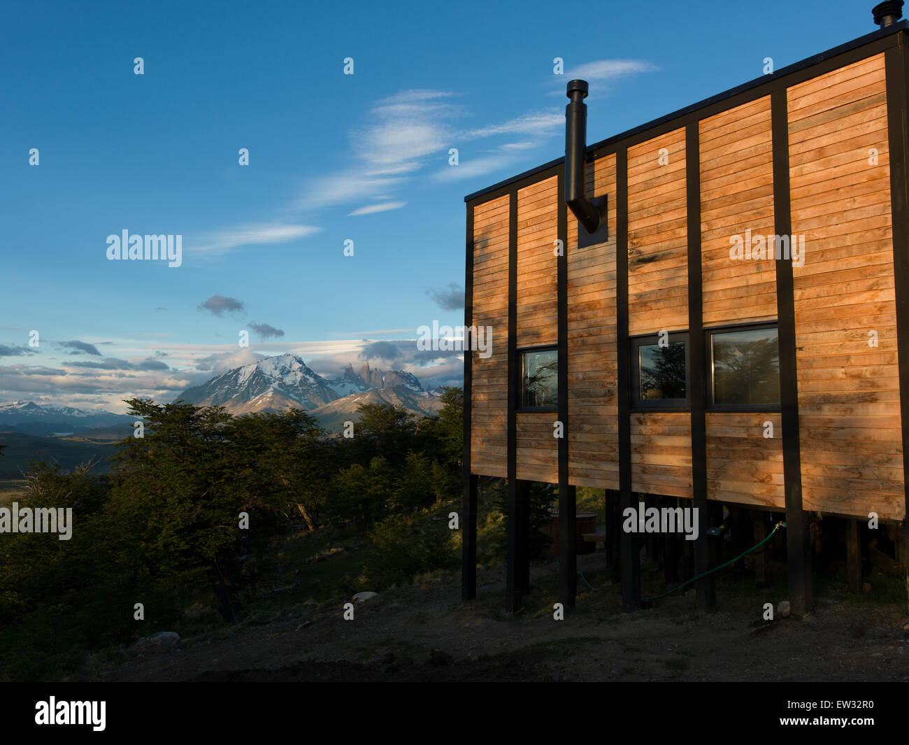 Blick auf Awasi-Lodge, Torres del Paine Nationalpark, Patagonien, Chile Stockfoto