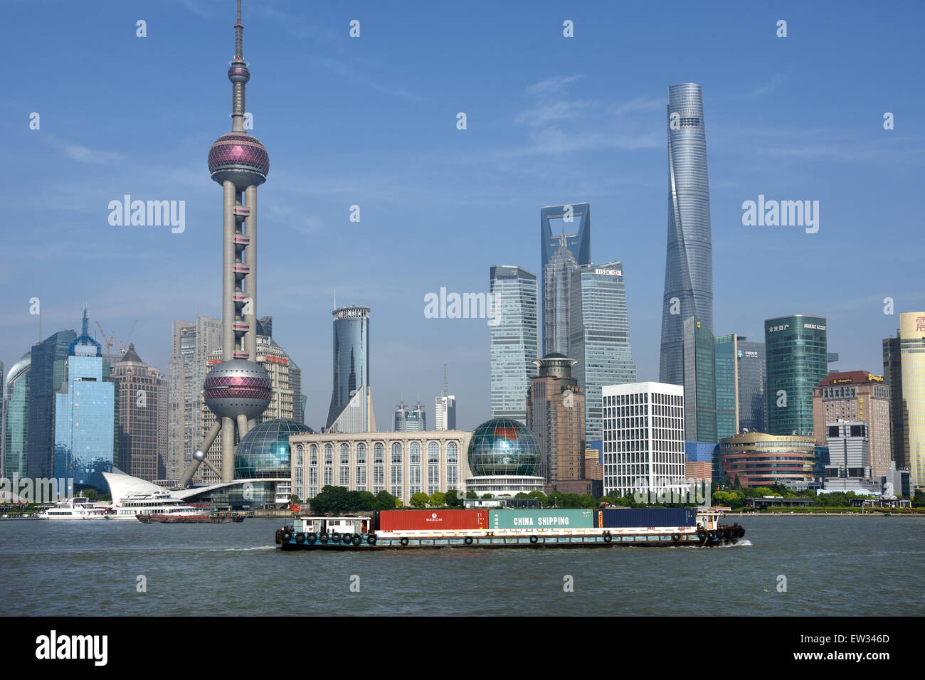 Shanghai Pudong Stadt Skyline Oriental Pearl TV Tower, Jin Mao Tower, World Financial Center, Huangpu River China Stockfoto