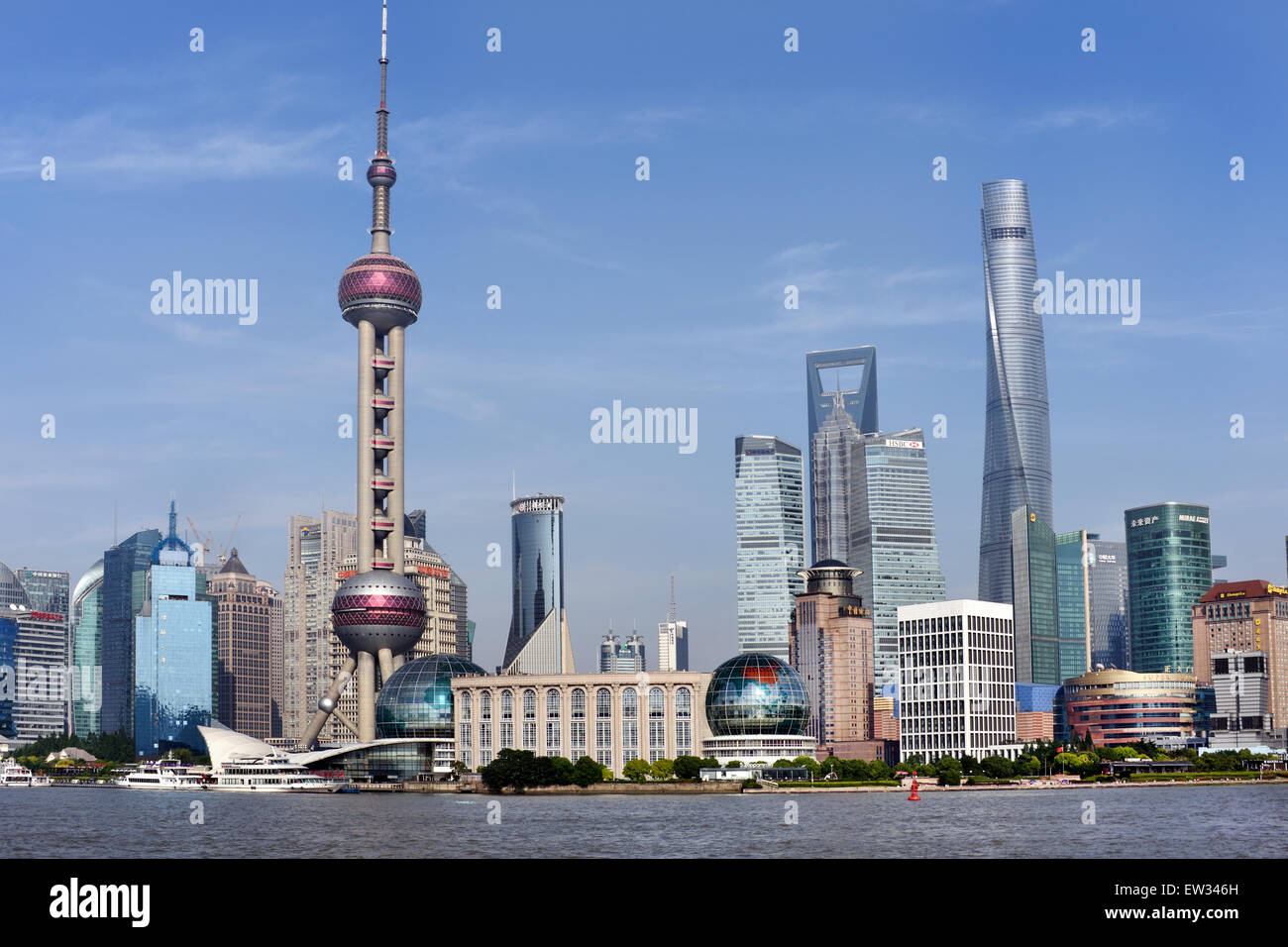 Shanghai Pudong Stadt Skyline Oriental Pearl TV Tower, Jin Mao Tower, World Financial Center, Huangpu River China Stockfoto