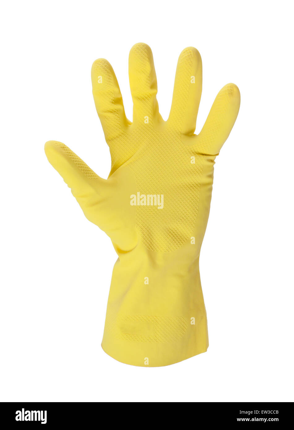 Latex-Handschuh für die Reinigung auf Hand - isoliert auf weiss Stockfoto