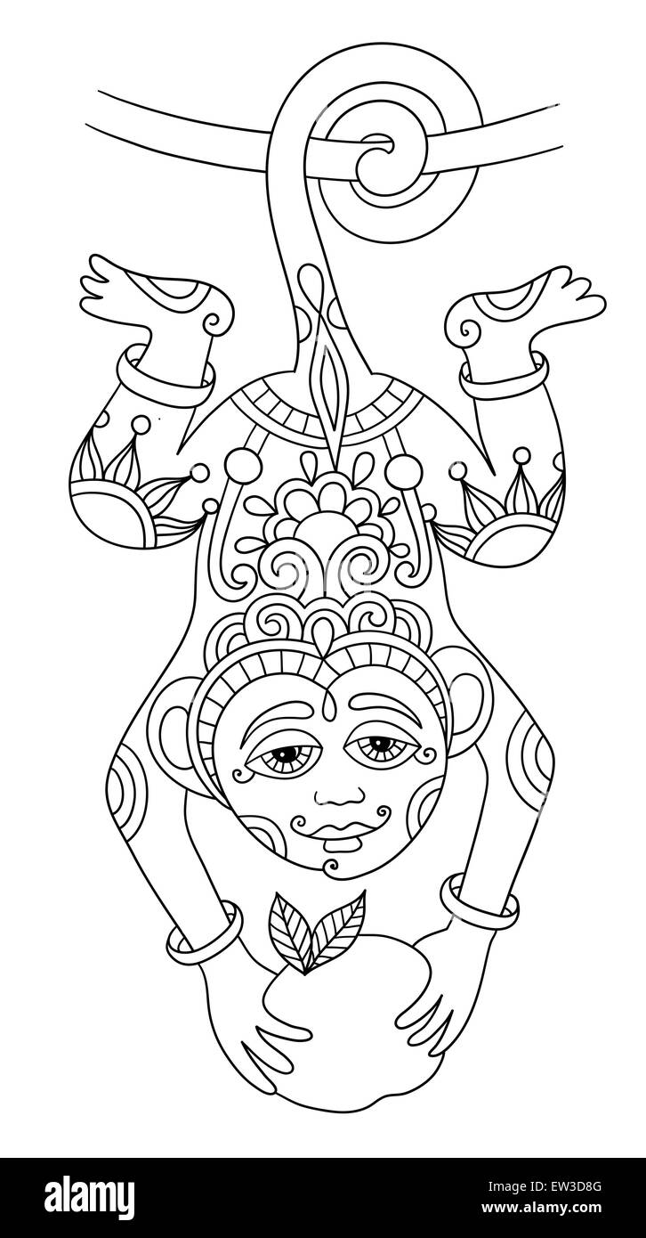 Zeichnung der ethnischen Affe im ukrainischen Dekorationsstil Strichzeichnungen Stock Vektor