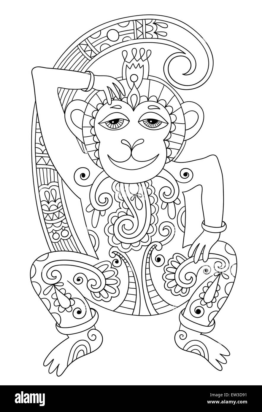 Zeichnung der ethnischen Affe im ukrainischen Dekorationsstil Strichzeichnungen Stock Vektor
