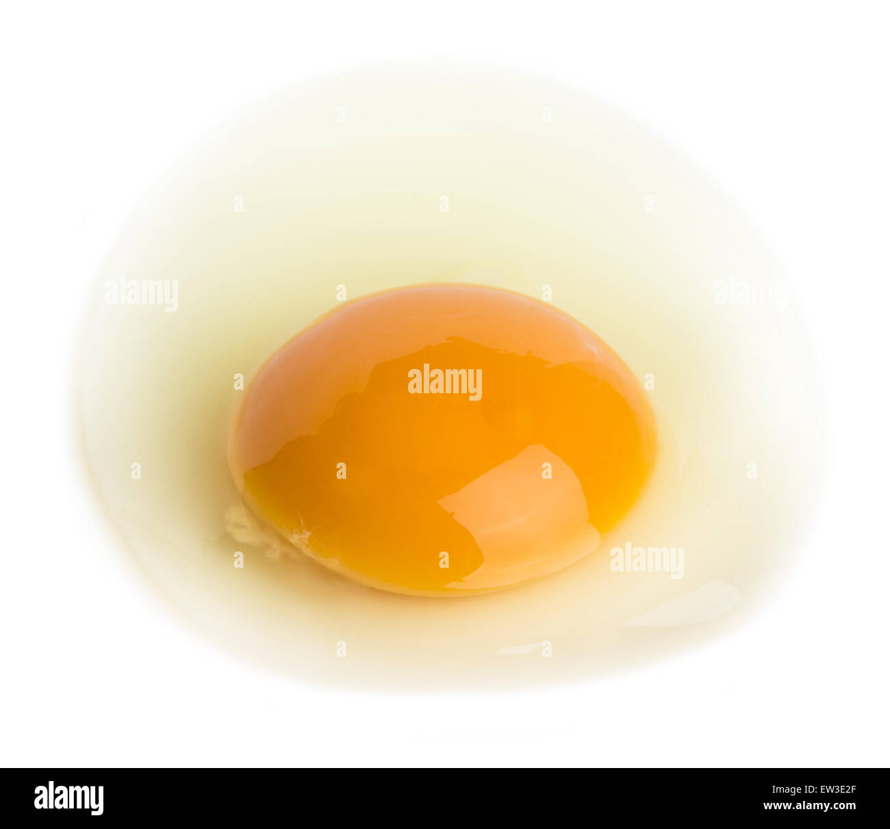 rohes Ei mit einem ganze Eigelb auf weißem Hintergrund Stockfoto