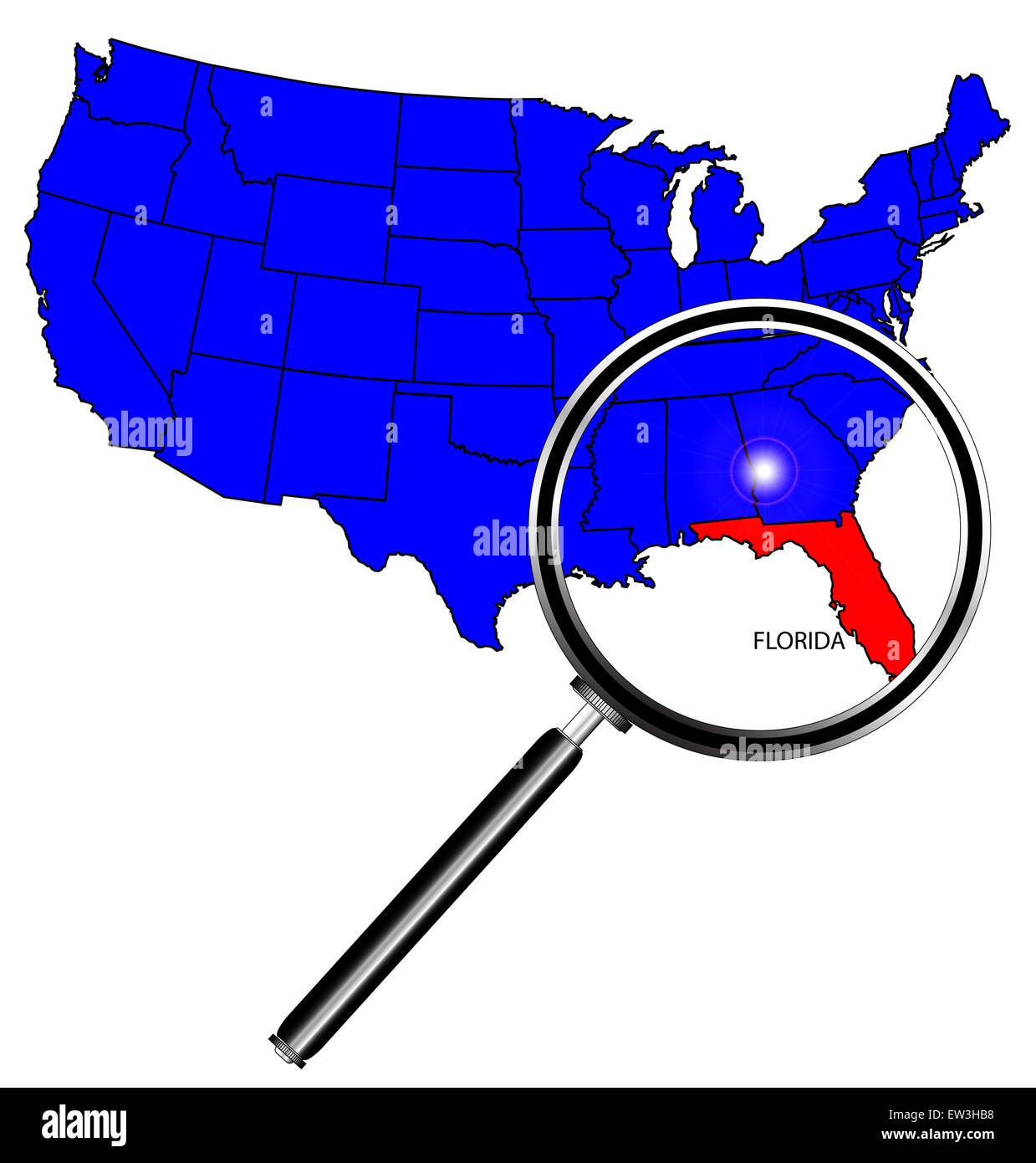 Umriss des Bundesstaates Florida gesetzt in einer Karte der Vereinigten Staaten von Amerika mit Lupe Stockfoto