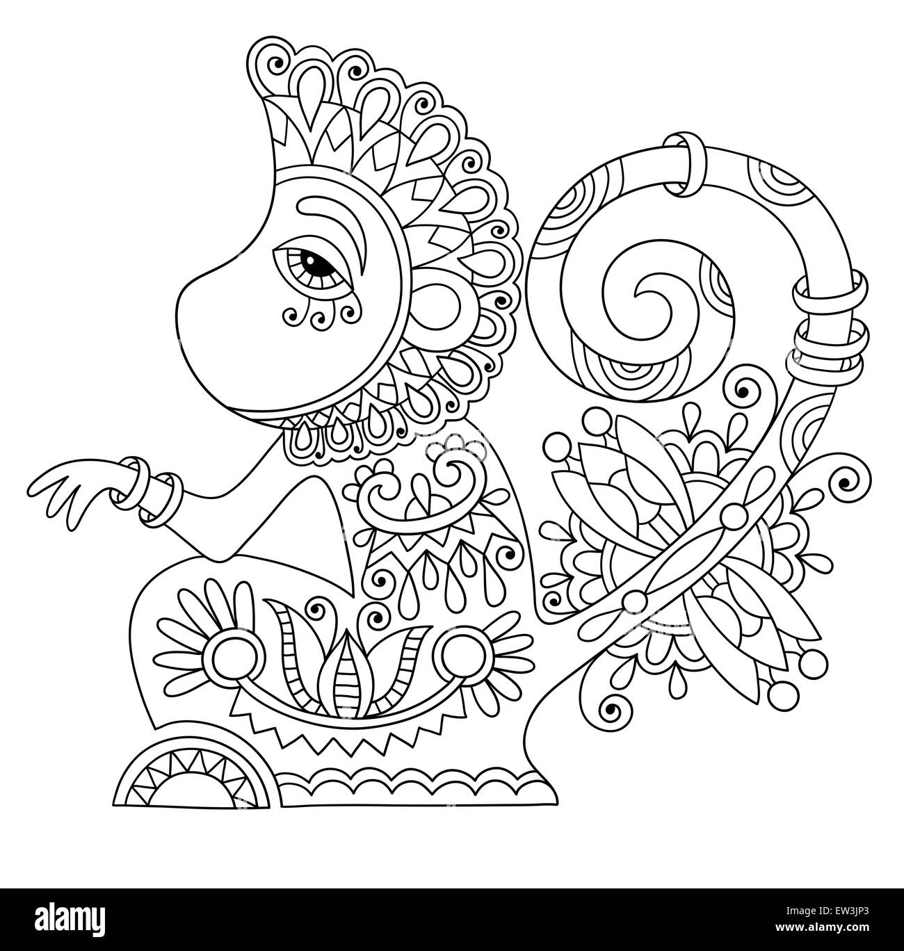 Zeichnung der ethnischen Affe im ukrainischen Dekorationsstil Strichzeichnungen Stock Vektor