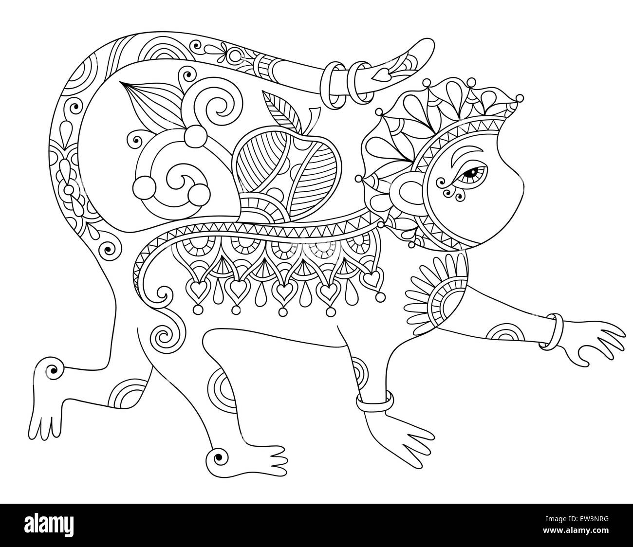 Zeichnung der ethnischen Affe im ukrainischen Dekorationsstil Strichzeichnungen Stock Vektor