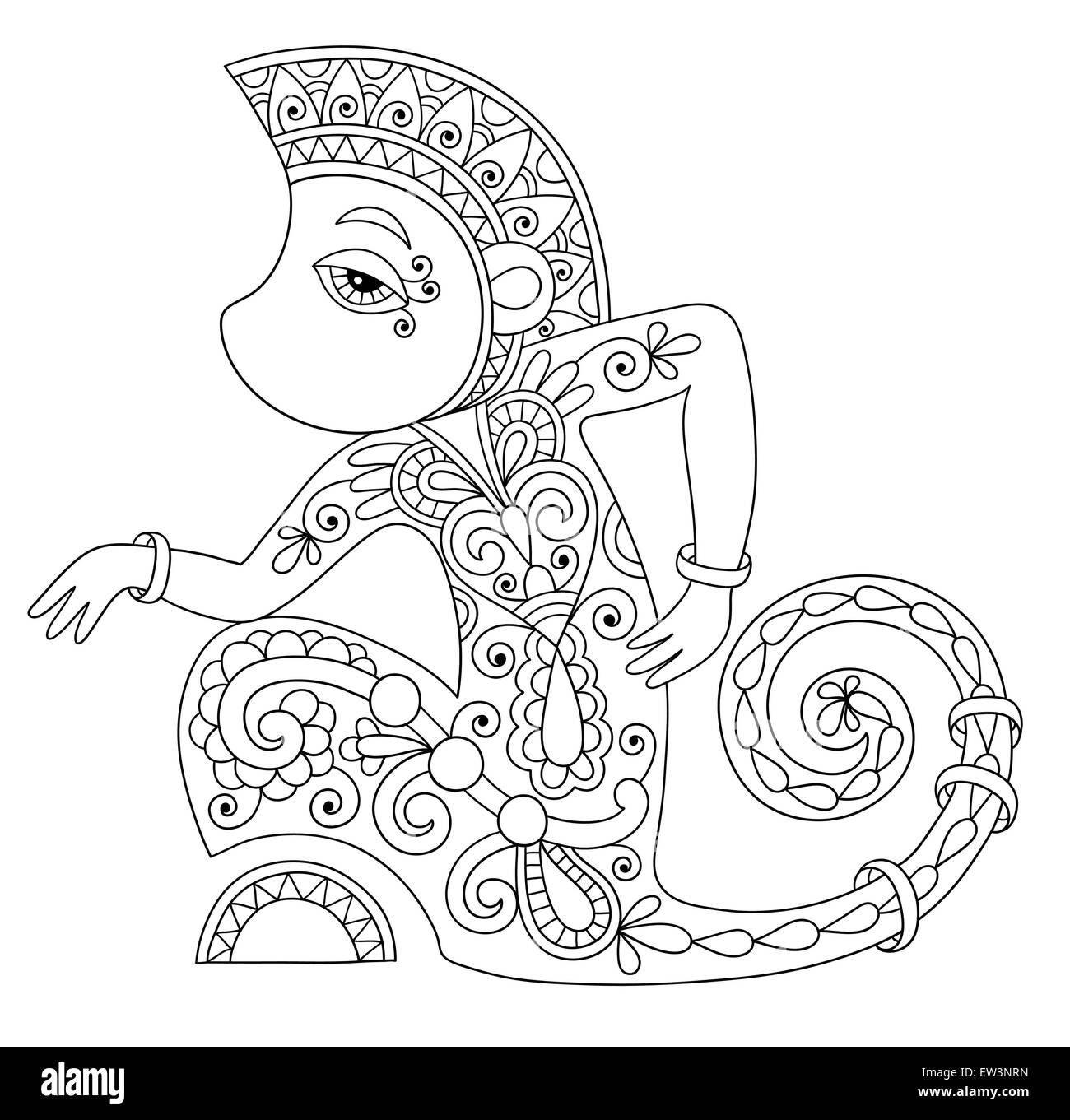 Zeichnung der ethnischen Affe im ukrainischen Dekorationsstil Strichzeichnungen Stock Vektor