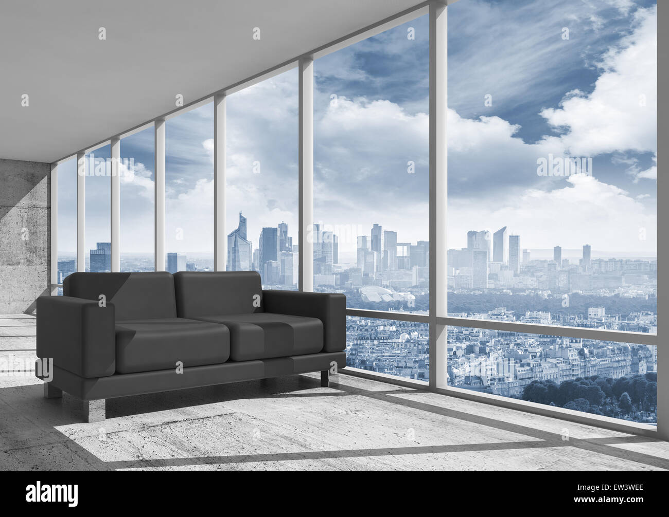 Abstrakte Interieur, Arbeitszimmer mit Betonboden, Fenster und schwarzen Ledersofa, 3d Illustration mit Großstadt-Landschaft auf eine Stockfoto