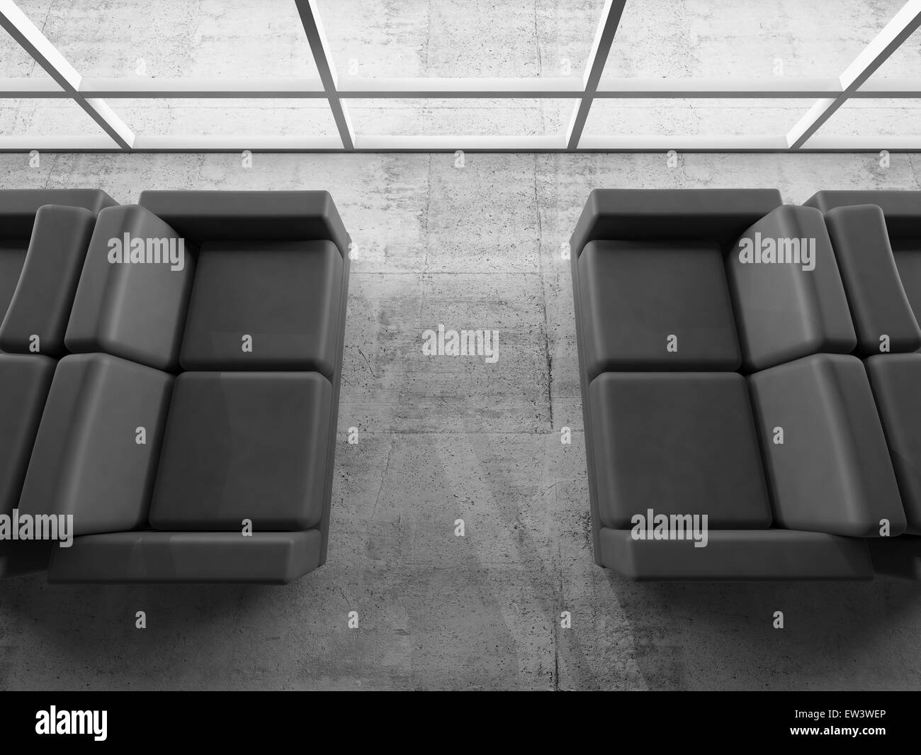 Abstrakte Innenraum, Beton mit Windows und schwarzen Ledersofas, 3d illustration Stockfoto