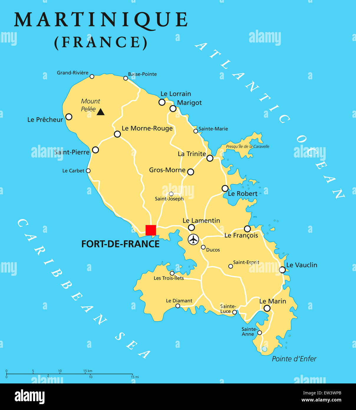 Martinique politische Karte mit Hauptstadt Fort-de-France und wichtigen Orten. Stockfoto