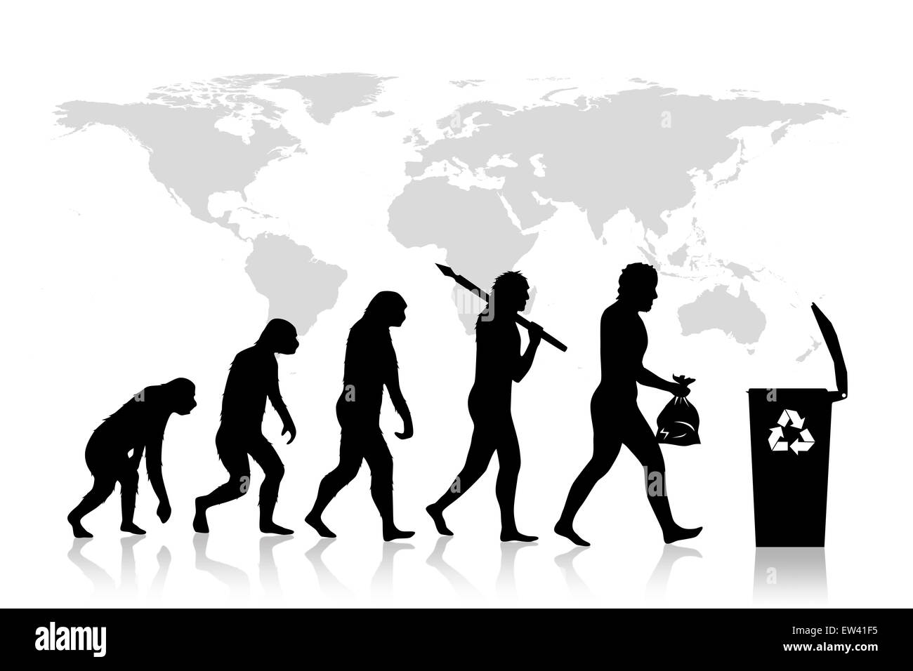 Mensch und Ökologie Evolution mit Karte der Erde, Hintergrund. Stockfoto