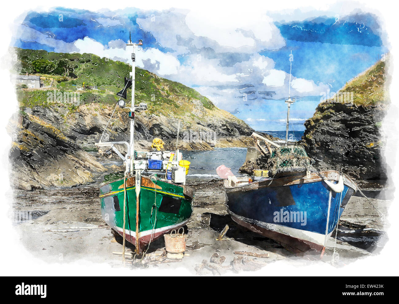 Bunte Fischerboote am Strand von Portlooe ein kleines Fischerdorf an der südlichen Küste von Cornwall Stockfoto