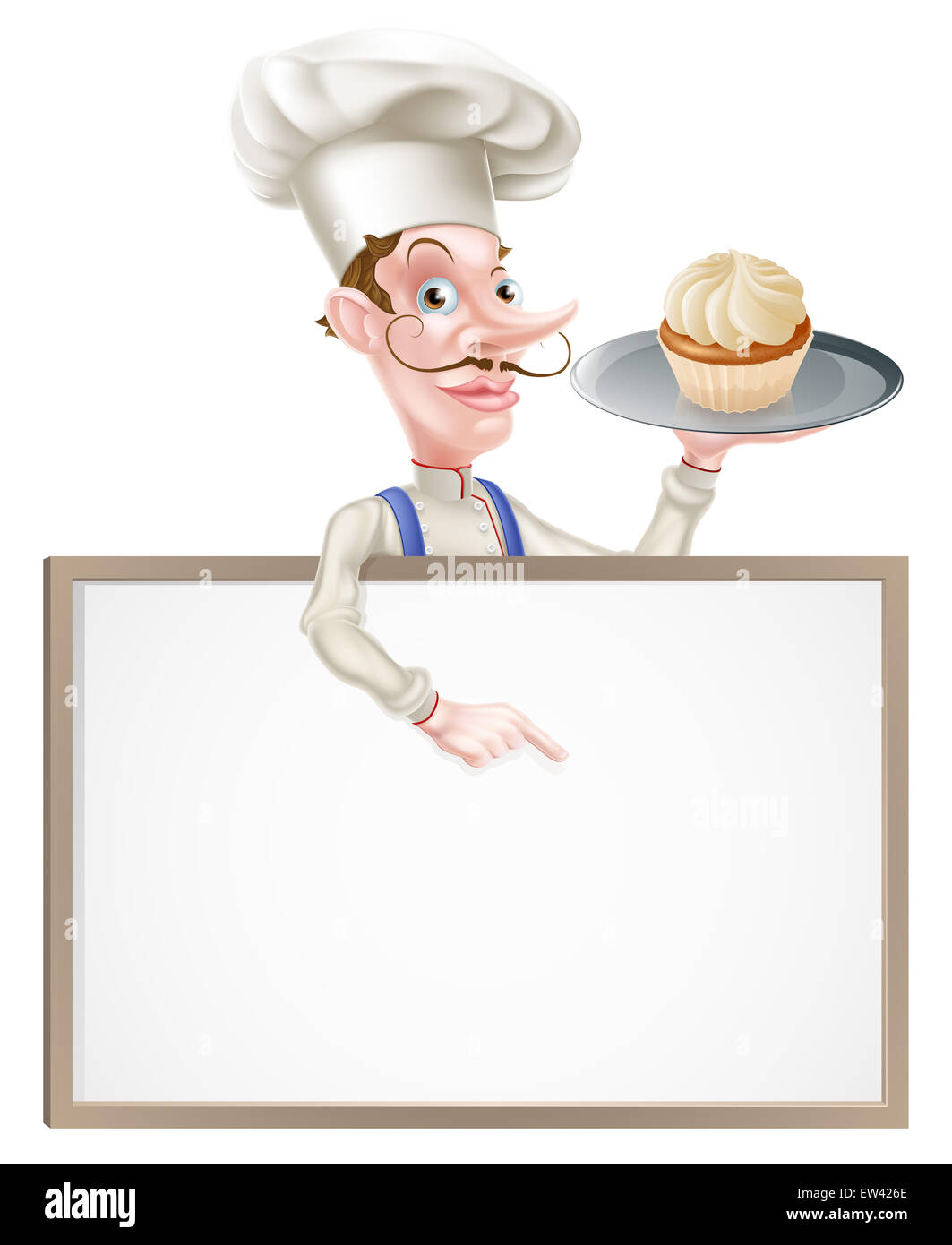 Ein Beispiel für eine Karikatur Koch oder Bäcker ein Tablett mit einem Kuchen festhalten und deutete auf ein Schild Stockfoto
