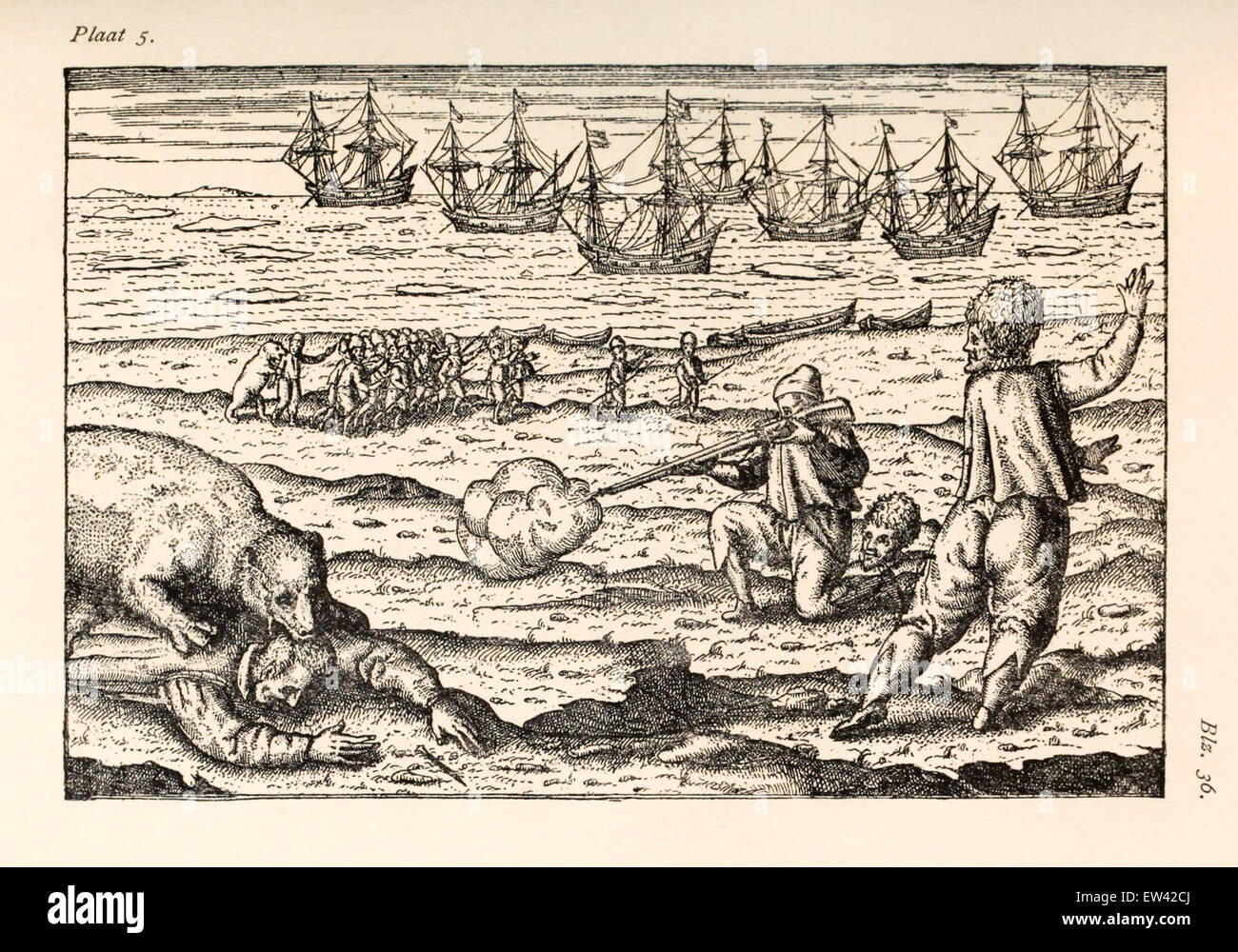 Szene aus der dritten Reise, Besatzung von Eisbären angegriffen. Willem Barentsz (1550-1597) Illustration von Henricus Hondius (1573 –1650). Siehe Beschreibung für mehr Informationen. Stockfoto