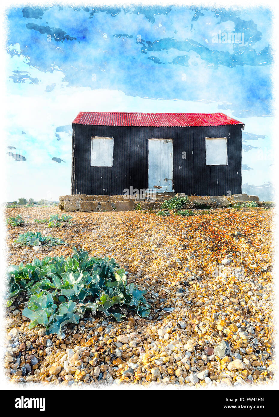 Eine schwarze Hütte mit einem roten Blechdach auf einem Kiesstrand bei Roggen in East Sussex Stockfoto