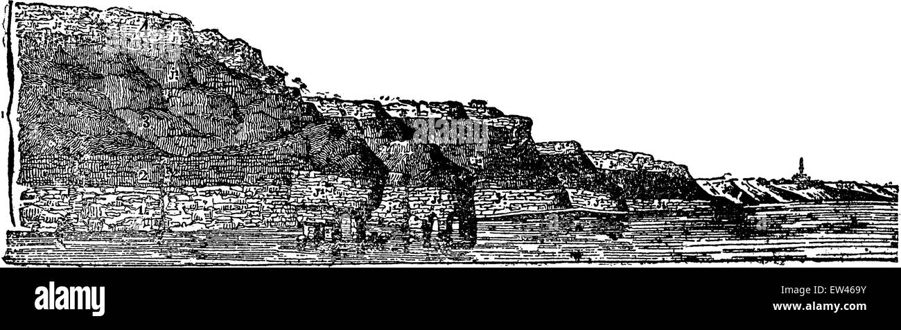 Jurassic sichtbar bedeutet Land auf den Klippen von Calvados, Vintage gravierten Abbildung. Erde vor den Menschen – 1886. Stock Vektor